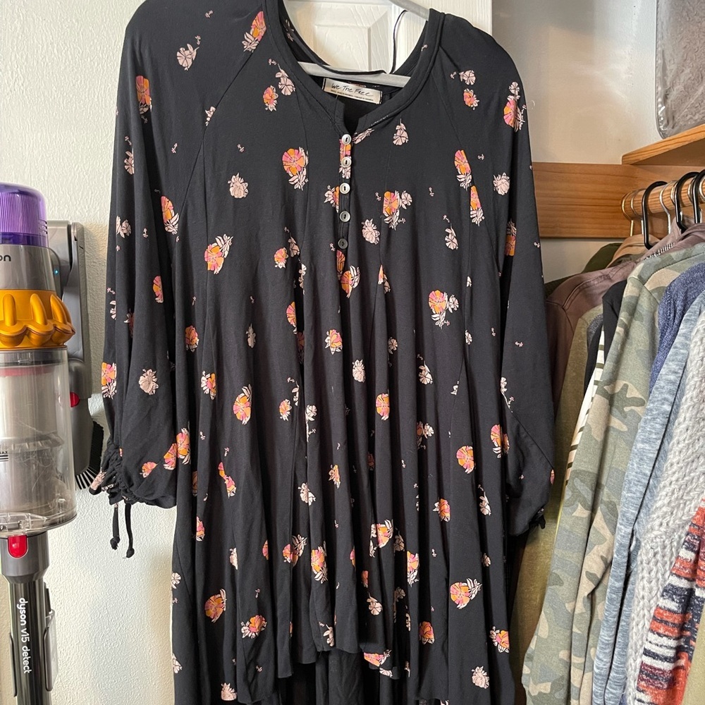 Free People We The Free Floral Henley Long Sleeve Dress Black Pink Small NWOT